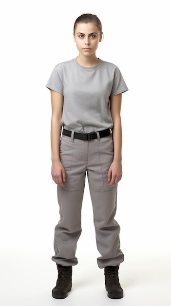 kobieta w szarej koszuli i szarych spodniach stoi przed białym tłem