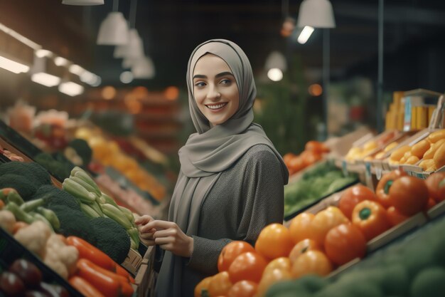 Zdjęcie kobieta w szarym hidżabie stoi w sklepie spożywczym z warzywami i owocami.