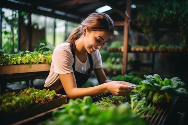 kobieta w szklarni opiekująca się roślinami