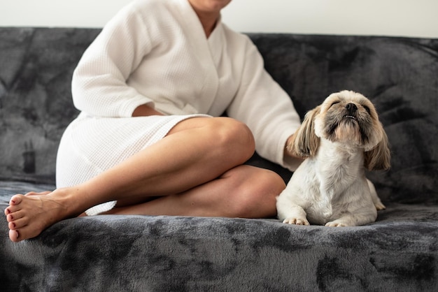 Kobieta w szlafroku siedząca na kanapie i bawiąca się uściskając swojego psa Bruneta kobieta relaksująca się w domu ze swoim małym psem Miłość do zwierząt Dobry poranek koncepcja Poranna rutyna i domowy styl życia