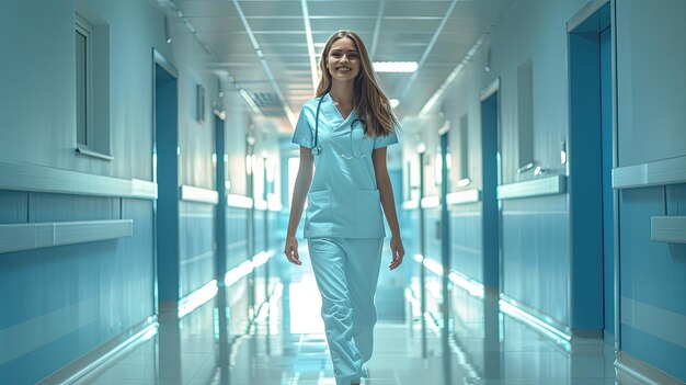 Kobieta w szpitalnej szlafroku idąca korytarzem.