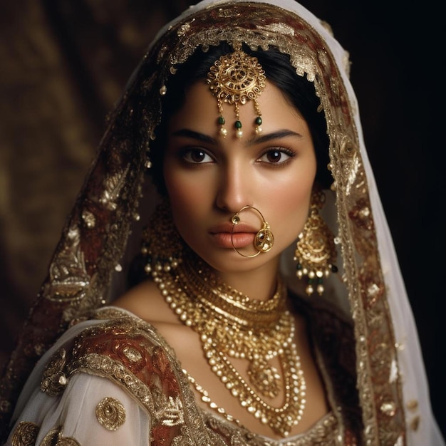 kobieta w tradycyjnym stroju ślubnym ze złotym naszyjnikiem.