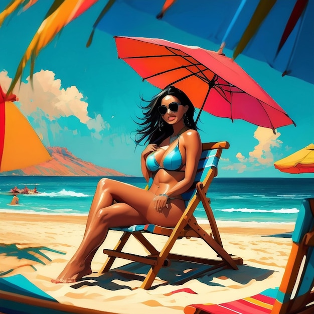 kobieta w tuquise bikini siedzi na leżaku pod parasolem w słoneczny dzień na plaży