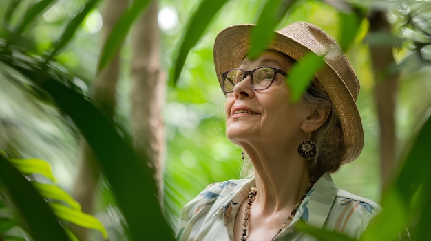 Kobieta w wieku 50 lat w środku dżungli na wakacjach podróżuje i bawi się i rozgląda się