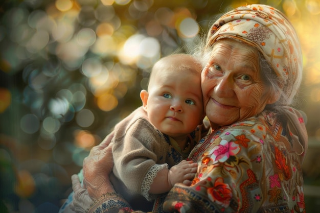 Kobieta w wieku starszym trzymająca niemowlę, babcia, dziadek, koncepcja rodzicielskie