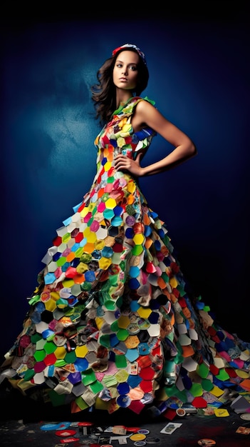Kobieta w wielobarwnej plastikowej sukience z recyklingu Pomysł na kostium z recyklingu AI