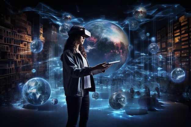 Kobieta w wirtualnej rzeczywistości ze szklaną kulą w tle.
