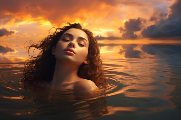 Kobieta w wodzie z słońcem za plecami