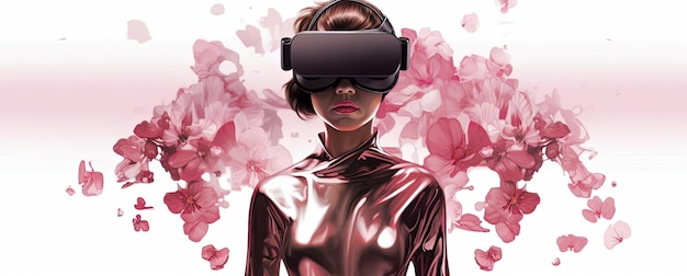 Kobieta w zestawie słuchawkowym z wirtualną rzeczywistością stoi, nosząc różowe kwiaty
