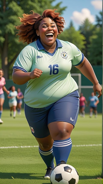 Kobieta w zielonej koszuli i niebieskich szortkach biegnie w kierunku piłki nożnej