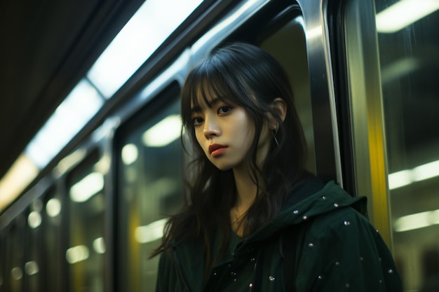 kobieta w zielonej kurtce stojąca na peronie metra