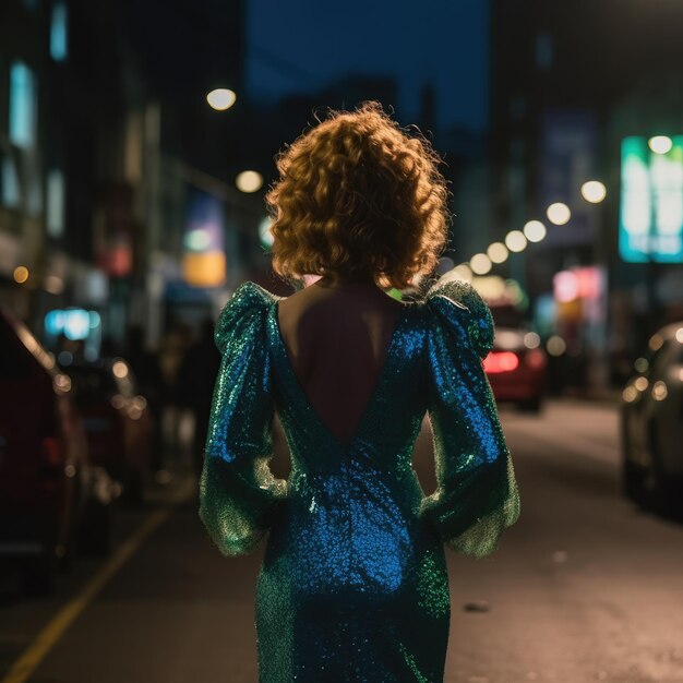 Kobieta w zielonej sukience idzie nocą ulicą.