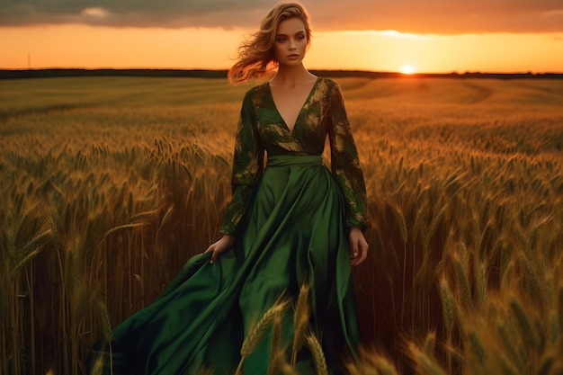 Zdjęcie kobieta w zielonej sukience stoi na polu pszenicy.