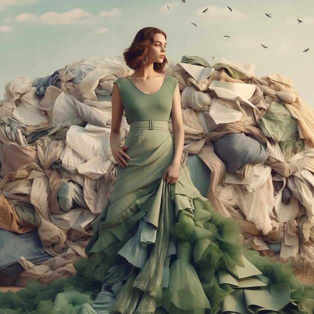 Kobieta w zielonej sukience stoi przed stosem śmieci.