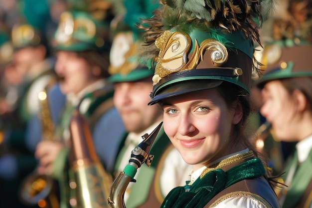 Zdjęcie kobieta w zielonym kapeluszu z saksofonem
