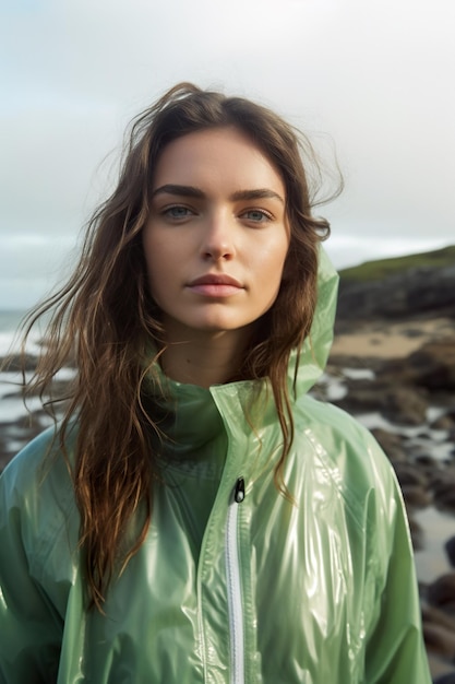 Kobieta w zielonym płaszczu przeciwdeszczowym stojąca na kamienistej plaży Obraz generatywny AI
