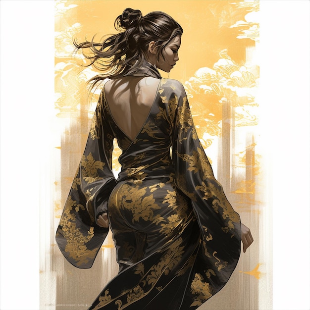 Kobieta w złotym i czarnym kimonie