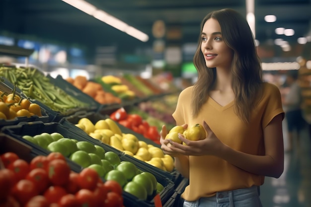 Kobieta w żółtej koszuli stoi w sklepie spożywczym trzymając cytrynę.