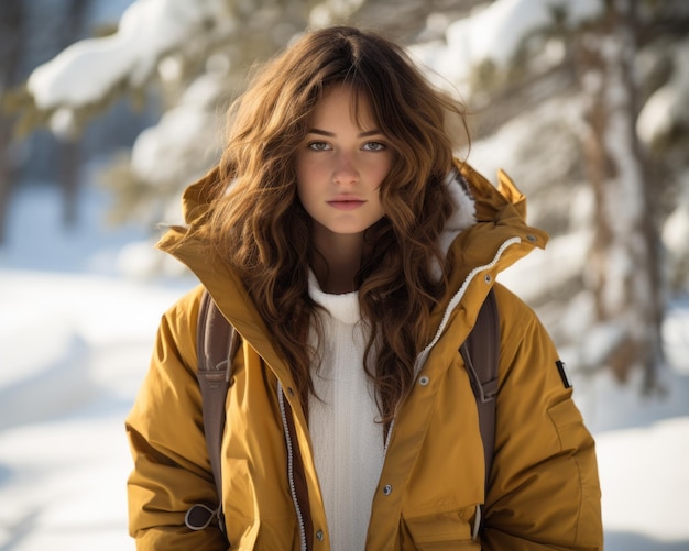 kobieta w żółtej kurtce stojąca na śniegu