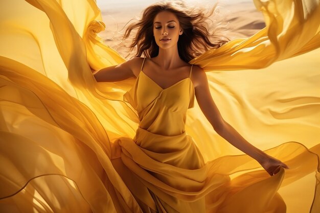 Kobieta w żółtej machającej sukience z latającym materiałem