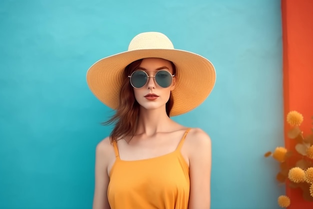 Kobieta w żółtej sukience i okularach przeciwsłonecznych stoi przed niebieską ścianą i nosi duży kapelusz