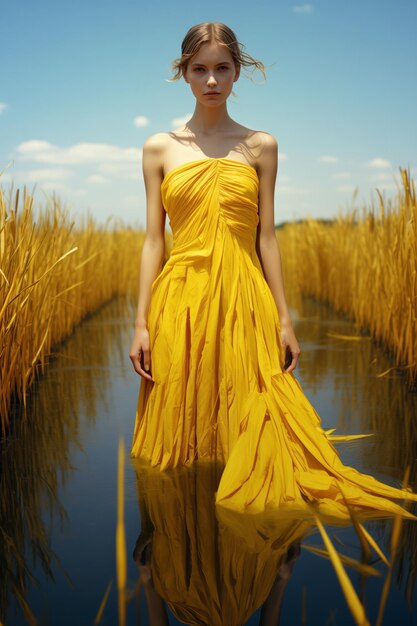 Zdjęcie kobieta w żółtej sukience na polu trzciny