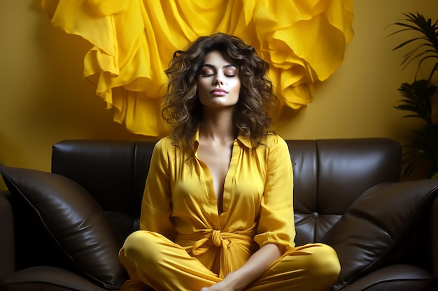 Kobieta w żółtej sukience siedzi na kanapie z żółtym tłem