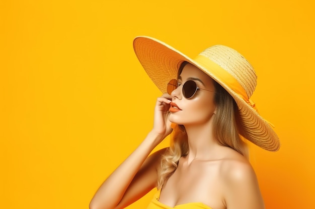 Kobieta w żółtym kapeluszu i okularach przeciwsłonecznych na żółtym tle