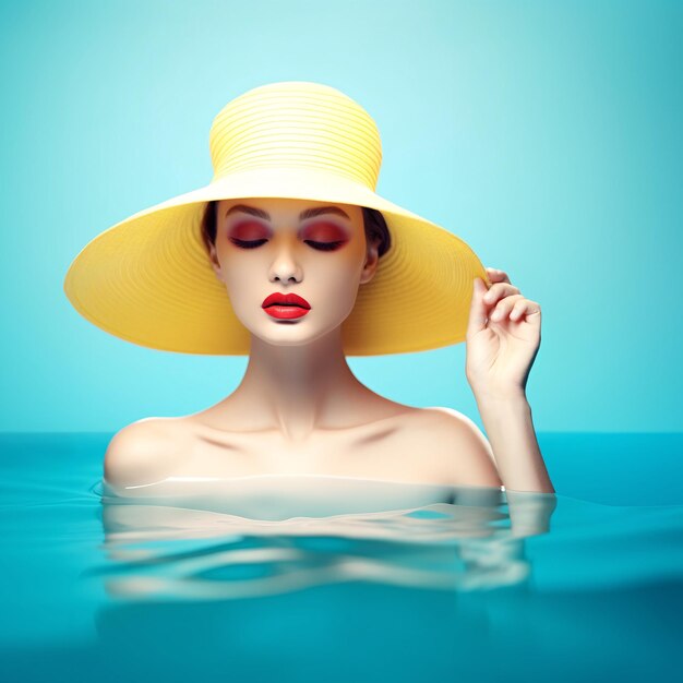 Kobieta w żółtym kapeluszu słonecznym na jasnoniebieskiej wodzie generowana przez AI