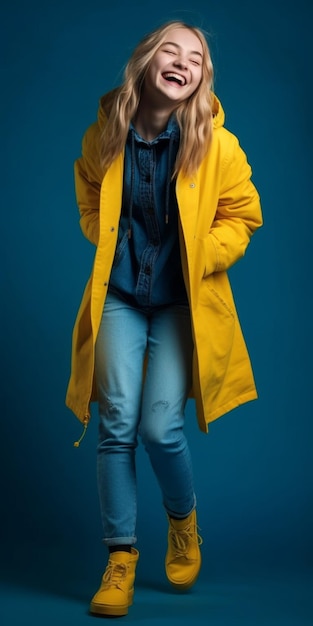 Zdjęcie kobieta w żółtym płaszczu i niebieskich dżinsach stoi na niebieskim tle.