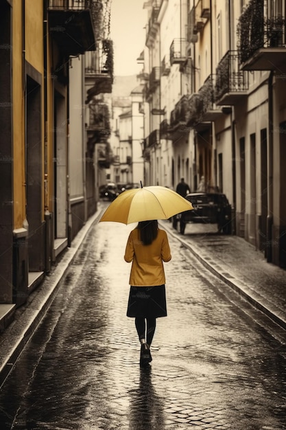 Kobieta w żółtym płaszczu idzie ulicą z parasolem.