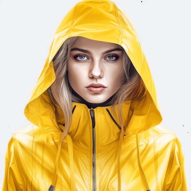 kobieta w żółtym płaszczu przeciwdeszczowym, na sobie żółty płaszcz przeciwdeszczowy.