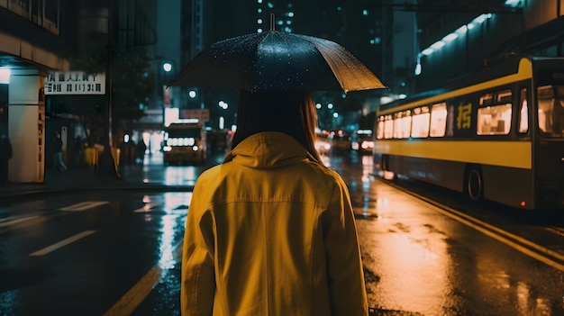 Kobieta w żółtym płaszczu przeciwdeszczowym stoi w deszczu przed żółtym autobusem.