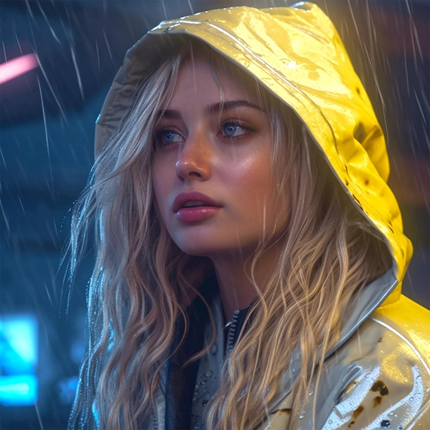 Kobieta w żółtym płaszczu przeciwdeszczowym stoi w deszczu.