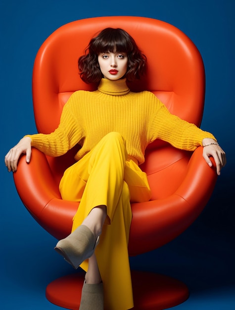 Kobieta w żółtym siedząca w fotelu Jasny i wesoły styl mody generowany przez AI