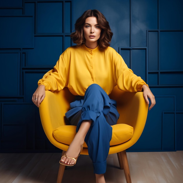 Kobieta w żółtym siedząca w fotelu Jasny i wesoły styl mody generowany przez AI