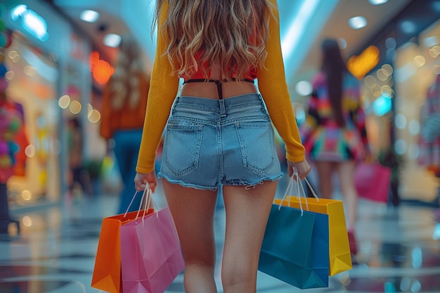 Kobieta w żółtym swetrze i kolorowej torbie z napisem "shopping"