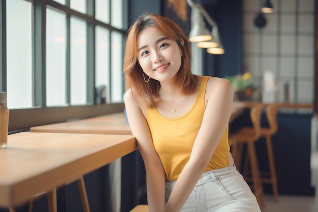 Kobieta w żółtym topie siedzi w kawiarni i uśmiecha się do kamery.
