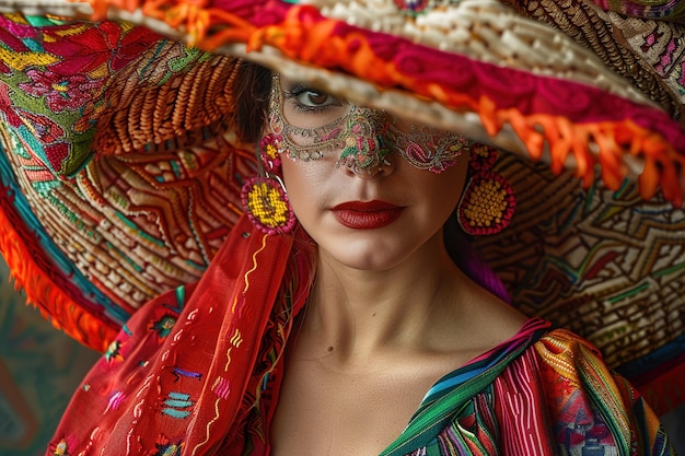 Kobieta w żywej, haftowanej sukience i koronkowej masce pod kolorowym parasolem