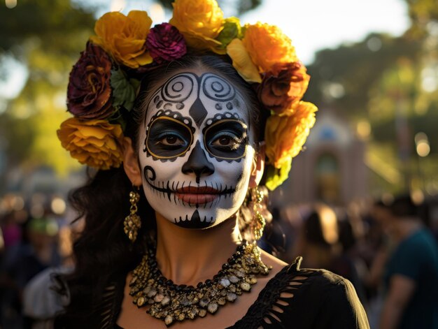 kobieta w żywym makijażu calavera świętuje Dzień Zmarłych