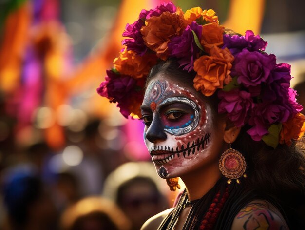 kobieta w żywym makijażu calavera świętuje Dzień Zmarłych