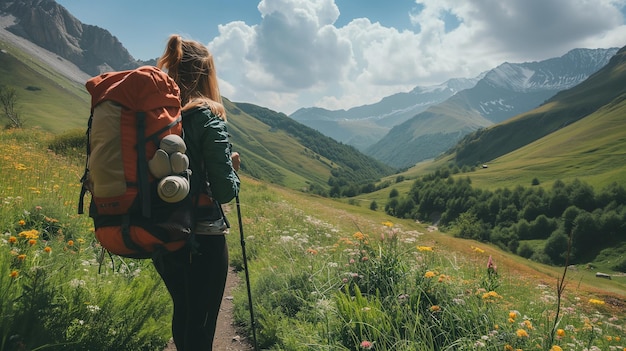 Zdjęcie kobieta wędrująca kobieta trekking tło krajobrazu gór