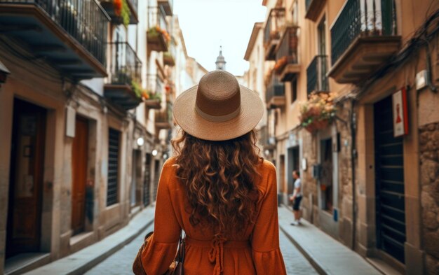 Zdjęcie kobieta wędrująca wąskimi uliczkami miasta z plecakiem