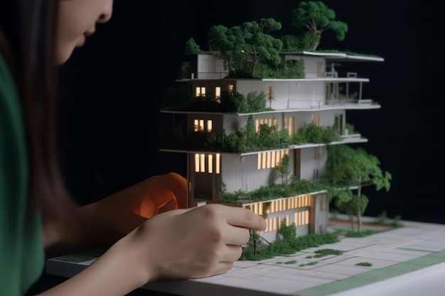 Zdjęcie kobieta wielopiętrowy miniaturowy dom papierowy generuj sztuczną inteligencję