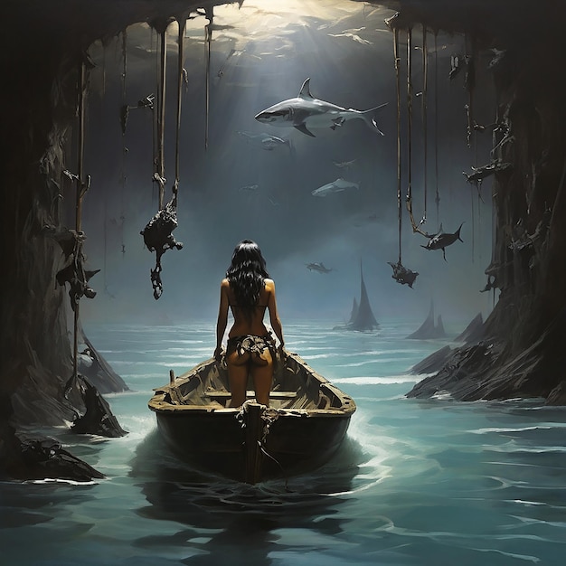 Kobieta wiosłująca łódź w morzu gwiezdnej nocy z tajemniczym światłem cyfrowy styl sztuki ilustracja