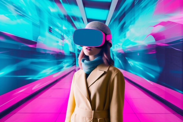 Kobieta wirtualne vr cyfrowe abstrakcyjne podróże okulary rzeczywistość przyszłość technologia sieci Generative AI