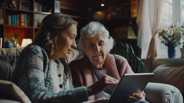 Kobieta wprowadza starszą kobietę do Internetu za pomocą tabletu