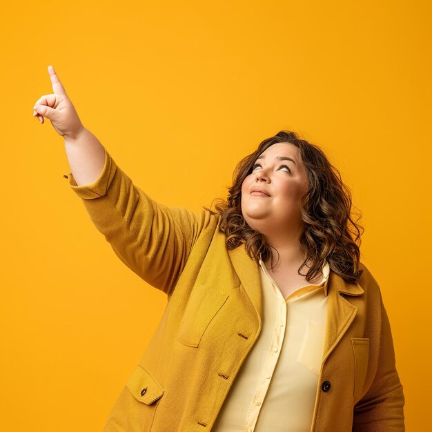Zdjęcie kobieta wskazująca w prawo z żółtym tłem