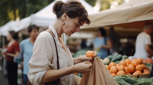 Kobieta wybiera owoce i warzywa na targu. Ilustracja AI Generative
