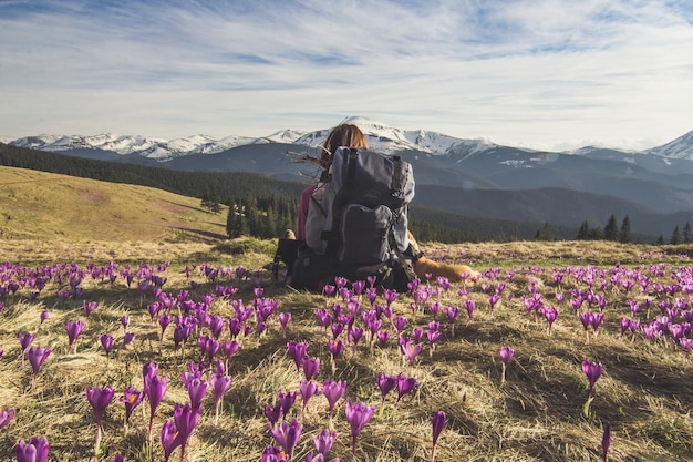 Kobieta wycieczkowicz z plecakiem i psem siedzącym z powrotem do kamery scenicznej fotografii